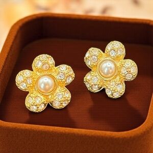 Gold Crystal Flower Pearl Earrings, VTG Floral Studs, Elegant Statement